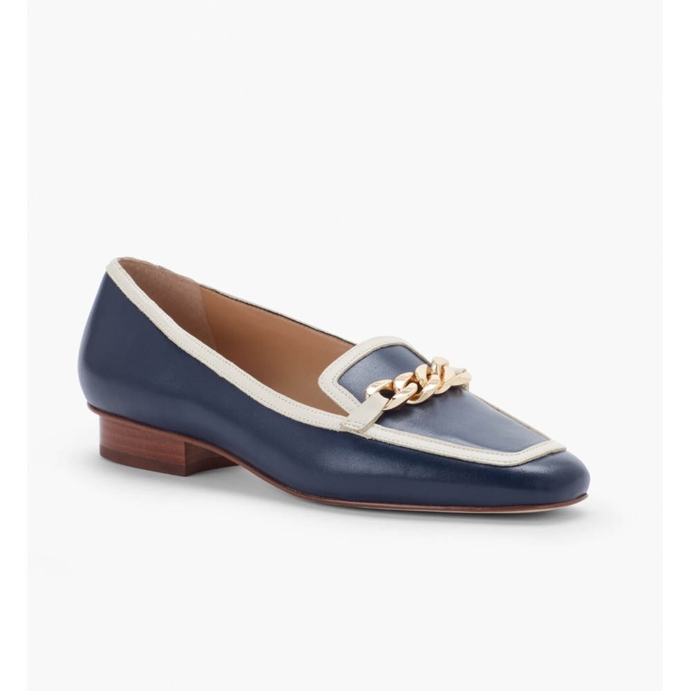 Talbots Estelle Navy Blue White Leather Trim Chain Loafers Flats